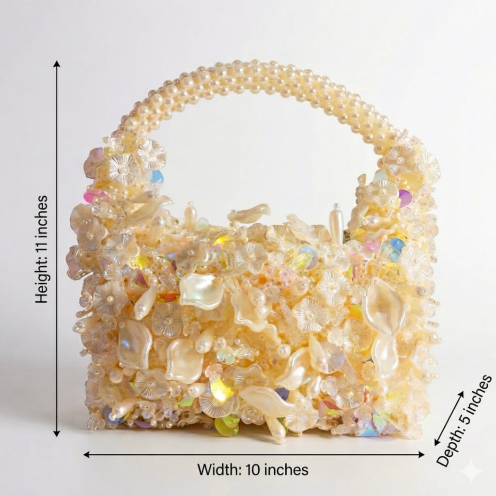 Luxury handmade pearl beaded mini handbag with floral embellishments and pearl handle handcrafted in Ghana by Duchess Beads.