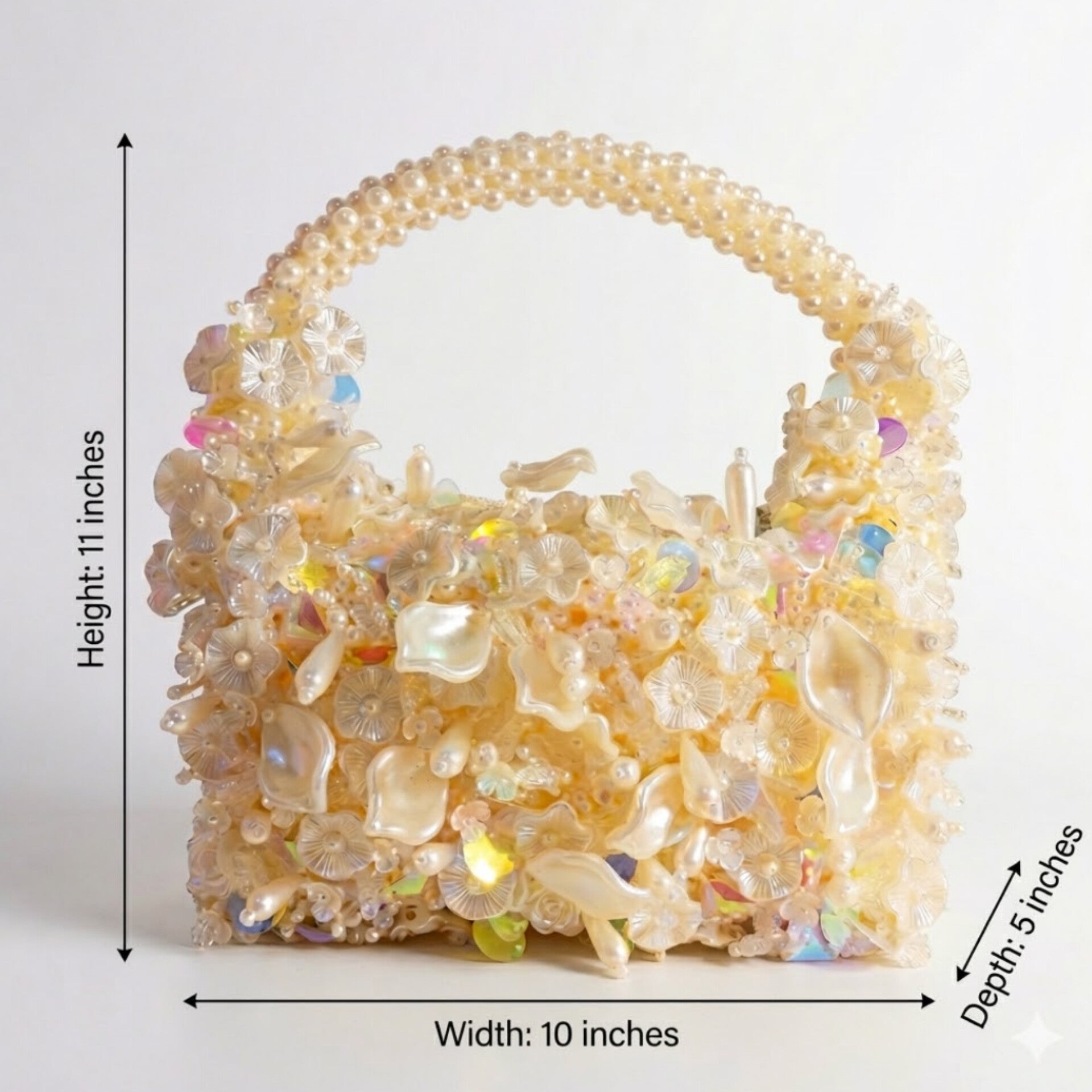 Luxury handmade pearl beaded mini handbag with floral embellishments and pearl handle handcrafted in Ghana by Duchess Beads.