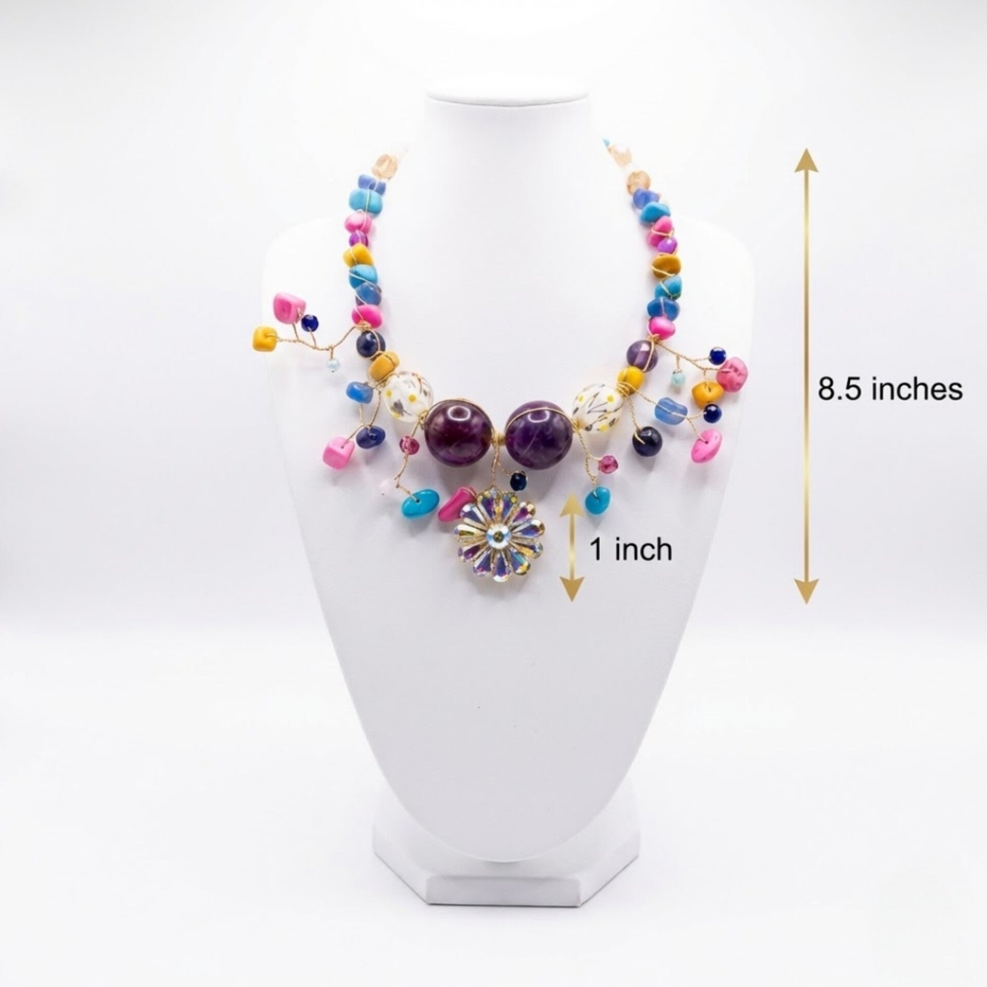 Luxury handmade colourful beaded statement necklace with floral crystal pendant handcrafted in Ghana by Duchess Beads.