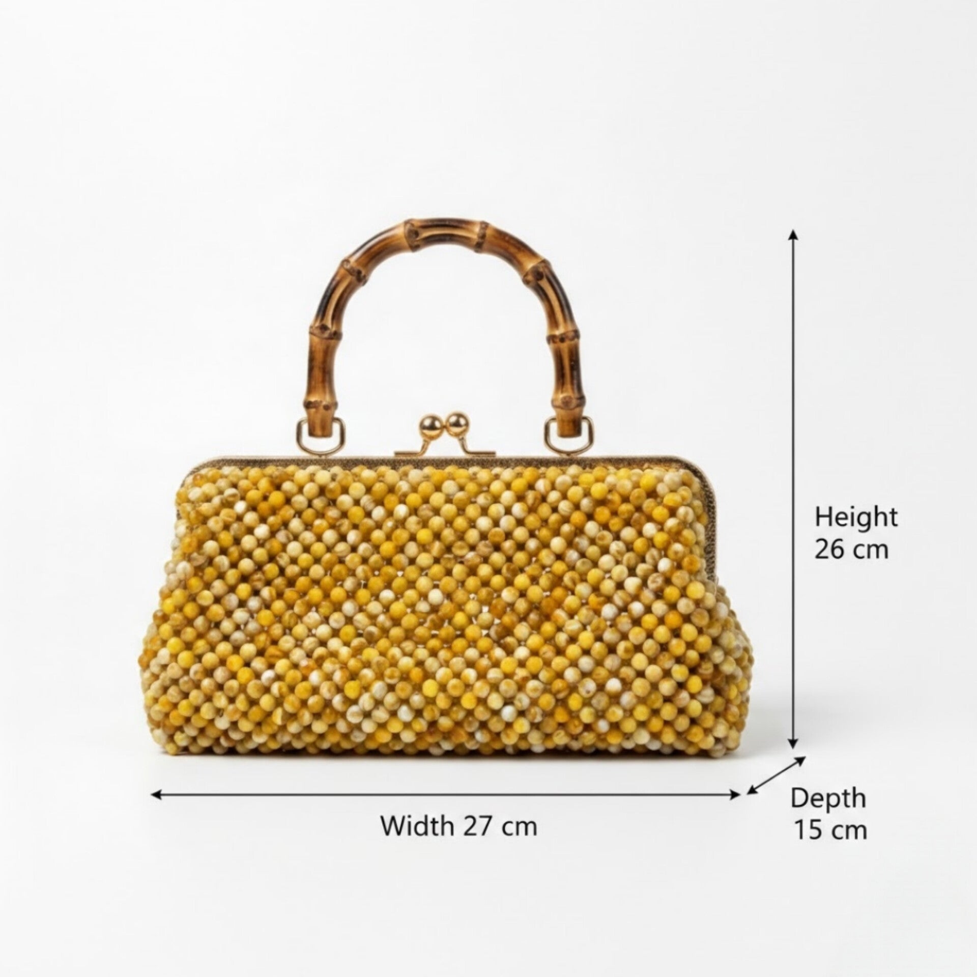 Luxury handmade golden pearl beaded bamboo handle clutch handcrafted in Ghana by Duchess Beads with gold kiss-lock closure.