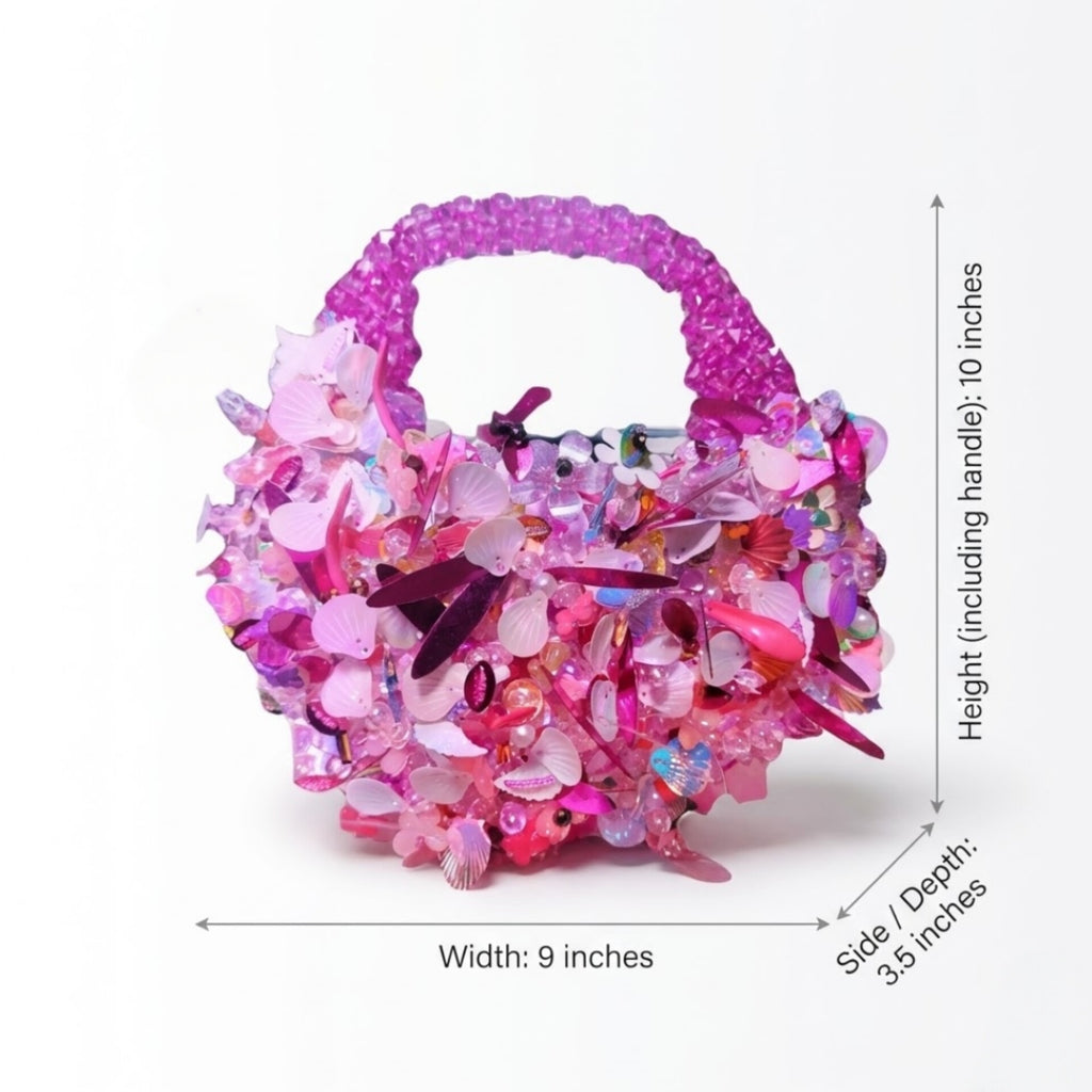 Handmade pink crystal beaded mini handbag with pearl, shell and floral embellishments by Duchess Beads Ghana.